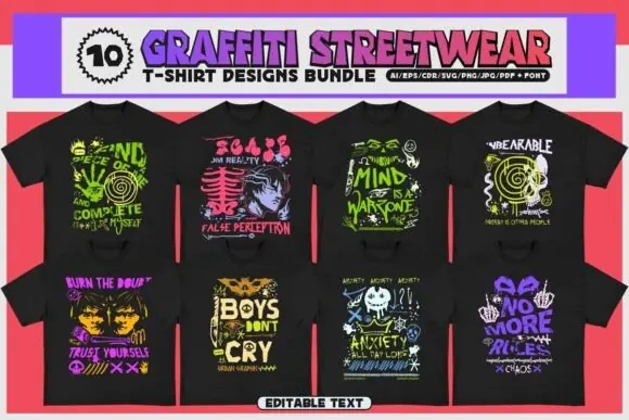 Graffiti Streetwear T Shirt Design Bundle PNG SVG AI EPS PDF – Urban Typography Graphic Pack for Print on Demand, Clothing Brands, Hoodies, Posters, Mugs, Tote Bags and Merch