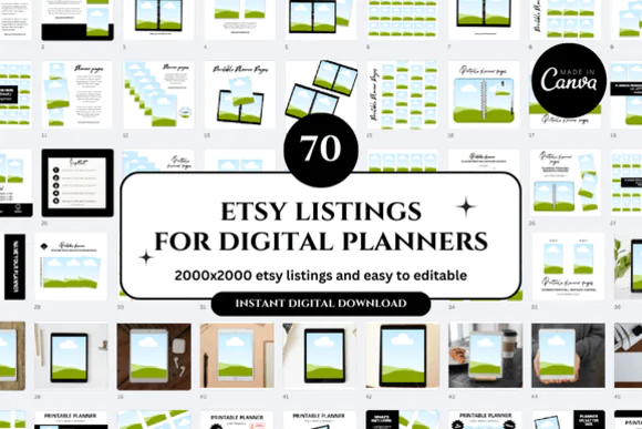 Digital Planner Etsy Canva Mockup Bundle | 70 Editable Etsy Listing Mockup Templates for Digital Products, Printables, Planner Covers & Shop Branding  Detailed Description
