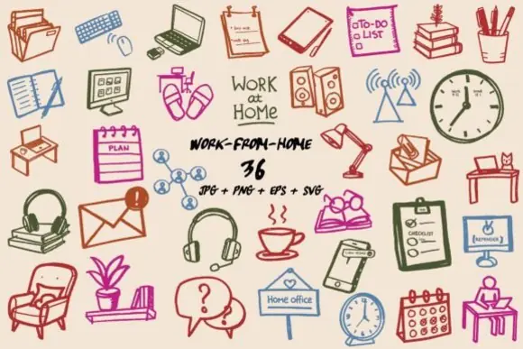 Home Workspace Digital Planner SVG PNG JPG EPS | 36 Work From Home Clipart Icons for Digital Planners, Business Branding, Social Media, Stickers & Remote Work Templates