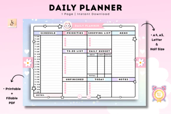 Daily Planner Printable PDF, Undated Landscape Daily Planner, Simple Cute Planner Insert, A4 A5 Letter Half Letter, Digital Planner for GoodNotes and Notability