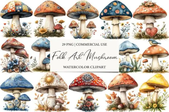 Watercolor Folk Art Mushroom Clip Art Bundle – 29 Folk-Inspired Mushroom PNG Graphics with Transparent Backgrounds for Sublimation, Cards, Scrapbooking, T-Shirts, Pillows, Bags, Mugs, and Whimsical Na