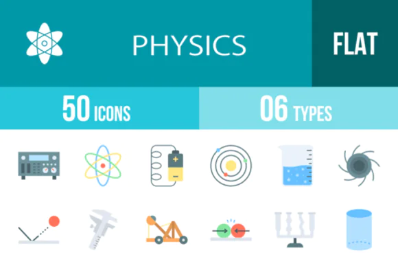 50 Physics Flat Multicolor Icons Vector Pack – Science, Mechanics and Laboratory Symbol Set for Websites, Mobile Apps, Presentations, Dashboards, Print Design and Educational Projects