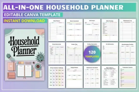 All-in-One Household Planner Canva Template | Editable Home Management, Cleaning, Budget, Meal, Fitness, Travel & KDP Ready Planner Bundle