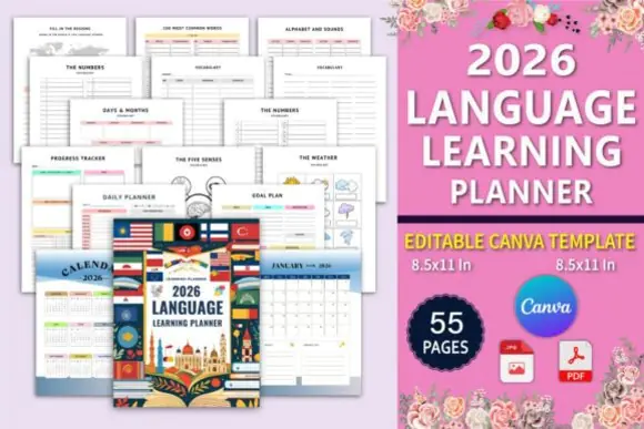 2026 Language Learning Planner Canva Template | Editable Study Planner with Vocabulary Tracker, Grammar Pages, Goal Setting, Weekly Lessons & Progress Tracking