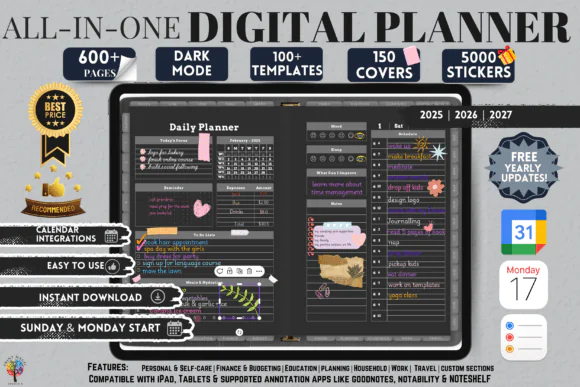 Dark Mode All In One Digital Planner for GoodNotes and Notability, Hyperlinked Landscape Planner 2025 2026 2027, Stickers Covers, Calendar Integration