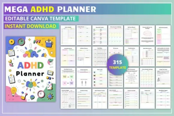 Editable Mega ADHD Planner KDP Interior | 315-Page Canva Printable Planner for Focus, Self-Care, Wellness, Budgeting, Goals, Fitness & Anxiety Management