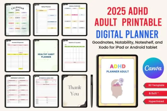 2025 ADHD Digital Planner for Adults Canva Template | 82 Editable Hyperlinked Planner Pages with PDF JPG PNG for Budget, Wellness, Self-Care, Meal Planning & Productivity