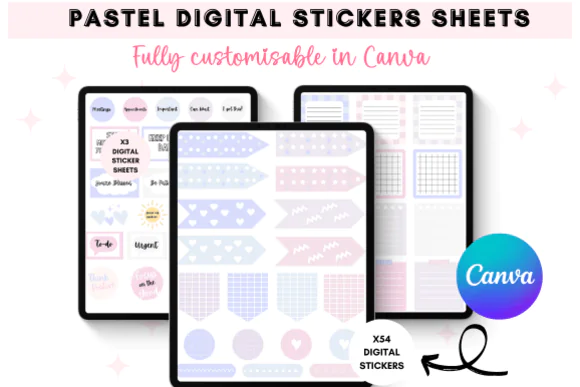 Pastel Canva Digital Stickers Bundle – 54 Editable Planner Stickers with Bookmarks, Shapes, Motivational Elements, and Memo Pads plus Canva Template Links for Digital Planners, Printables, and Creativ