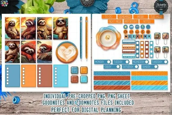 Beach Sloth Digital Stickers Bundle – 50+ Pre-Cropped Sloth Planner Stickers with PNG, GoodNotes, ZoomNotes, and Sticker Sheets for Digital Planning, Weekly Layouts, Journals, and Tropical-Themed Crea