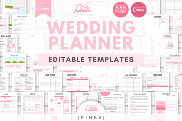 Wedding Planner Canva Templates Pinks Bundle | Editable Wedding Binder, Budget, Guest List, Timeline, Seating Chart, Vendor & Honeymoon Planner
