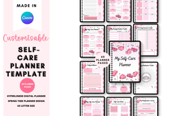 Canva Spring Self-Care Digital Planner, Editable Wellness Journal, Self Love Planner, Mood and Sleep Tracker, Gratitude Journal, Beauty Routine Planner