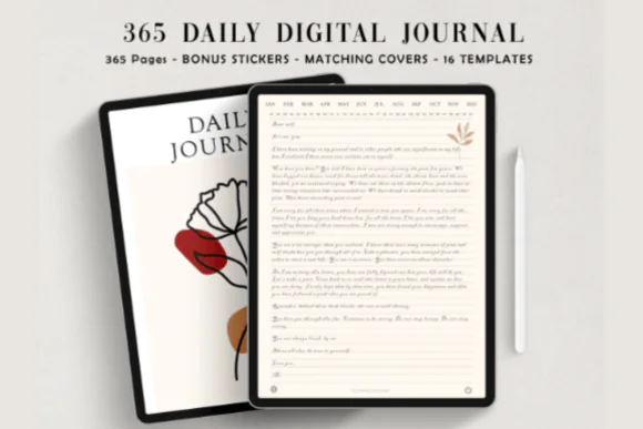 365 Days Daily Digital Journal for GoodNotes & Notability | Hyperlinked Undated iPad Journal PDF with 250+ PNG Stickers, Minimalist Bullet Journal for Tablets