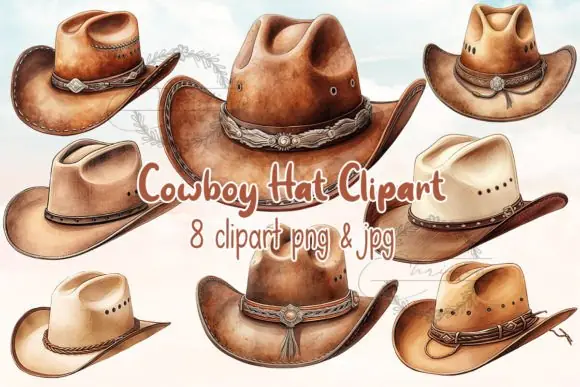 Cowboy Hat Watercolor Clipart Bundle – 8 Western-Inspired PNG and JPG Graphics for Wall Decor, Invitations, Blog Posts, Flyers, Cover Pages, Photography, Printable Art, and Rustic Creative Projects