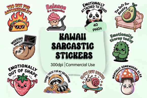 Kawaii Sarcastic PNG Digital Stickers Bundle – 40 Cute and Sassy Transparent PNG Designs with Funny Quotes, Food Characters, and Expressive Kawaii Animals for Planners, Journals, Scrapbooking, Print-a