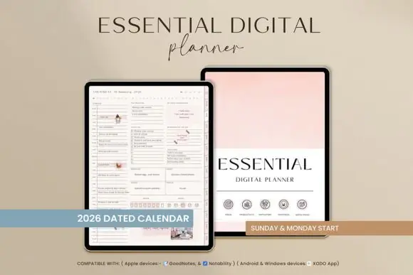 Essential Digital Planner for GoodNotes, Hyperlinked 563 Page Portrait Planner, Daily Weekly Monthly Organizer, Wellness Fitness Finance Planner, Boho Digital Notebook