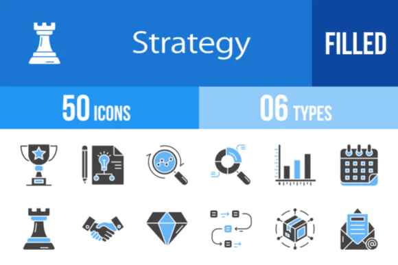 50 Strategy Blue and Black Icons Vector Pack – Business Planning, Analytics and Growth Icon Set for Websites, Mobile Apps, Presentations, Dashboards and Professional Design Projects