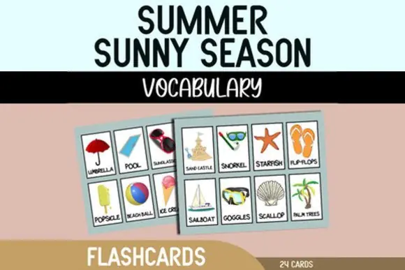 Summer Flashcards Vocabulary Cards | Printable Sunny Season Learning Cards for Kids, Preschool, Kindergarten, Homeschool, Classroom & Seasonal Word Activities