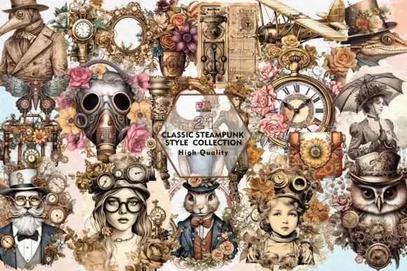 Classic Steampunk Style Collection – Vintage-Inspired Steampunk PNG Graphics Bundle for Stickers, Mugs, T-Shirts, Wedding Cards, Invitations, Posters, Scrapbooking, Printable Decorations, and Creative