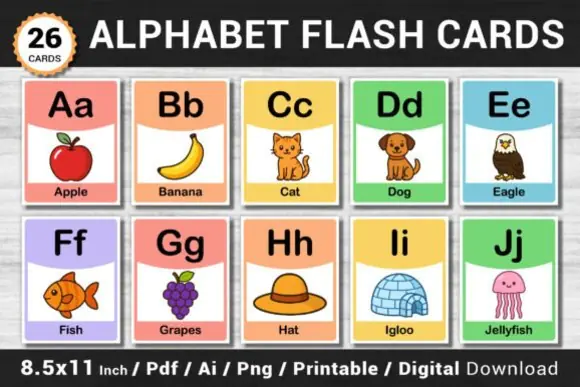 Alphabet Flashcards for Kids | Printable A-Z ABC Learning Cards with Uppercase, Lowercase & Cute Illustrations for Preschool, Kindergarten, Homeschool & Phonics Practice