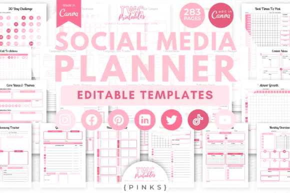 Social Media Planner Canva Templates Bundle | 283 Editable Content Planning Pages for Instagram, Facebook, Pinterest, TikTok, YouTube, LinkedIn & Twitter