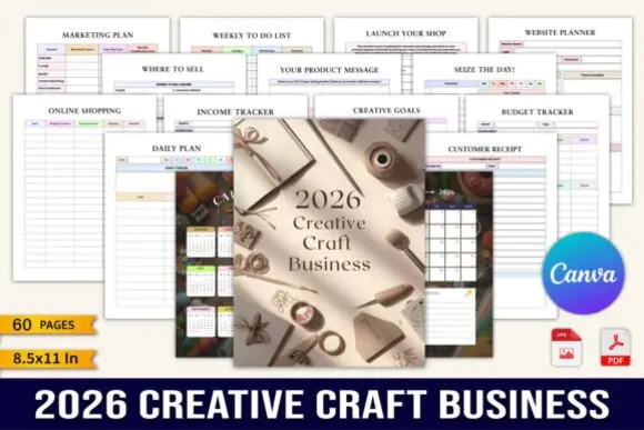 2026 Creative Craft Business Planner Canva Template, Editable Handmade Business Organizer, Inventory Tracker, Sales Planner, Marketing Planner, Printable Business Workbook