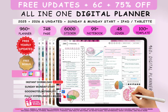Ultimate Digital Planner 2025 2026 2027 & Undated for GoodNotes, iPad & Notability | Hyperlinked All-in-One Planner Bundle with 6000 Planners, Stickers, Notebooks & Custom Templates