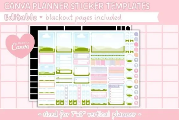 Canva Editable Planner Sticker Template | Custom 7x9 Vertical Planner Stickers, Full Box Sticker Sheets & Blackout Pages for Cutting Machines