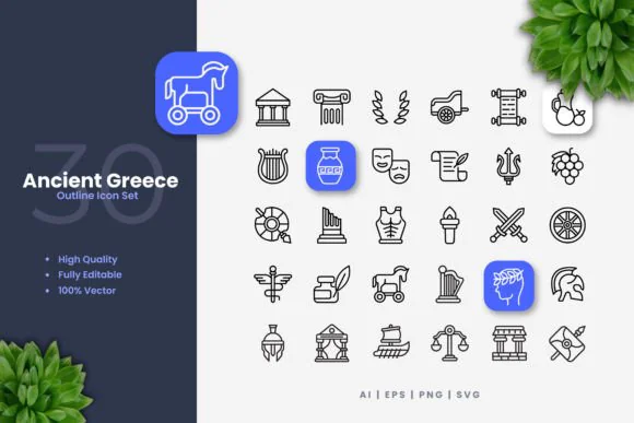 Ancient Greece Icons SVG PNG AI EPS | Editable Greek History Icon Pack for Websites, Mobile Apps, Books, Infographics, Posters & Print Design