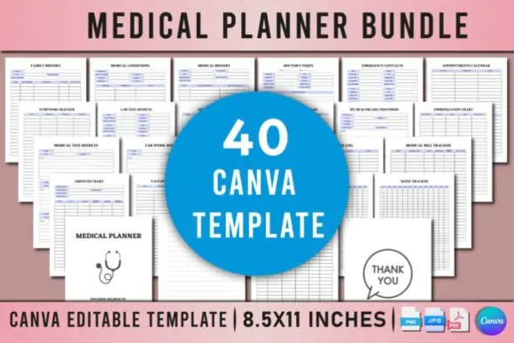 Medical Planner Bundle for Canva, Editable Health Records Organizer, Appointment Tracker, Medication Log, Blood Pressure and Medical Expense Planner, Printable Wellness Binder