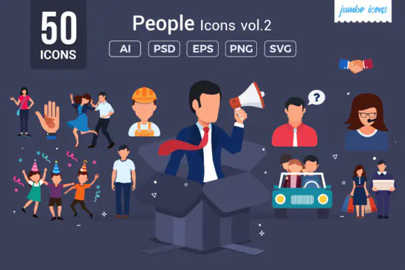 Flat Vector Icons People Set – 50 Professional and Everyday Person Icons for Websites, Mobile Apps, Presentations, Print Design, Social Media and UI Projects