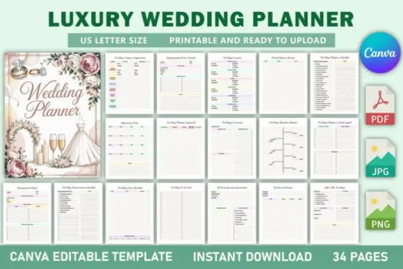 Luxury Wedding Planner KDP Interior, Editable Canva Wedding Planner Template, Printable Bridal Organizer, Wedding Budget Planner, Guest List Tracker, Ceremony Planner, Wedding Timeline, PDF PNG JPG Fi
