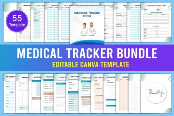Medical Tracker Bundle Canva Template | Editable Health Planner, Appointment Log, Medication Tracker, Blood Pressure & Medical Records Printable Kit