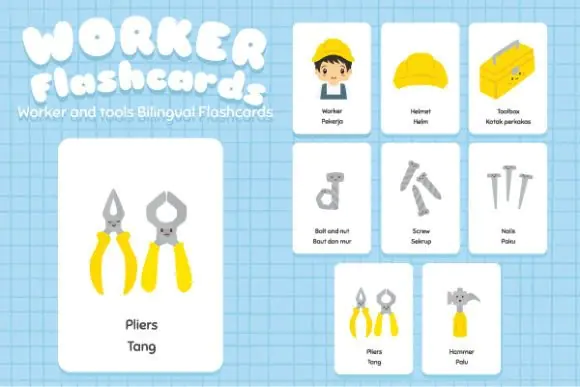Printable Worker and Tools Bilingual Flashcards | English Indonesian Occupation and Tool Vocabulary Cards for Kids, Homeschool, Classroom & Language Learning Activities