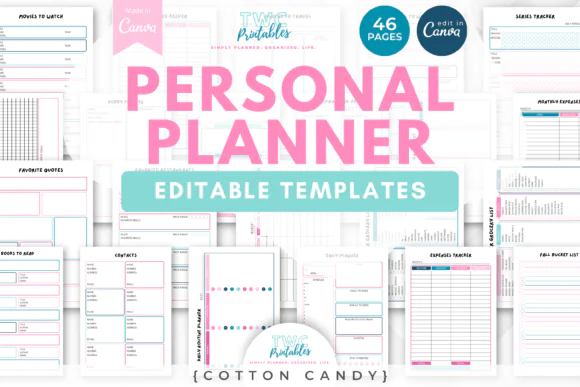 Personal Planner Canva Template Bundle Cotton Candy | Editable Daily Weekly Finance Meal Habit Cleaning & Lifestyle Planner Pages for Printable Inserts