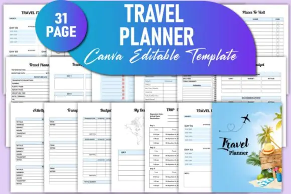 Editable Travel Planner Canva KDP Template | Vacation Itinerary, Packing List, Travel Budget, Destination Research & Printable Travel Journal Bundle