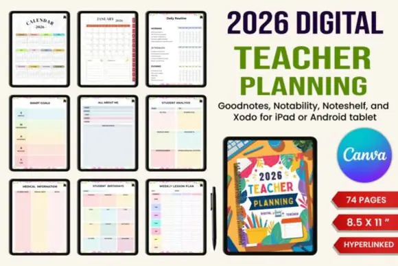 2026 Digital Teacher Planner Canva Template | Editable Academic Lesson Planner, Student Tracker, Class Management & Weekly Monthly School Organizer