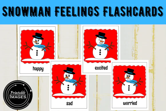 Snowman Feelings Flashcards Printable for Kids – Winter Emotion Learning Cards, ESL EFL ELL Adjectives of Feelings Activity, Preschool and Homeschool Social Emotional Learning Set