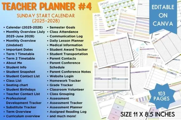 Teacher Planner #4 Sun Start Calendar | Editable 2025–2028 Academic Planner with Lesson Plans, Student Trackers, Attendance, Grades & Classroom Management Pages