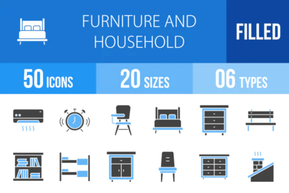 50 Furniture and Household Icons Vector Pack – Home, Interior and Appliance Symbol Set for Websites, Mobile Apps, Presentations, Print Design and Household Branding Projects