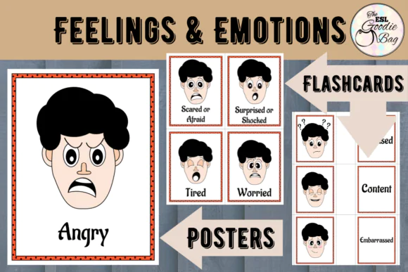 Feelings & Emotions Posters & Flashcards | Printable ESL SEL Vocabulary Cards and Classroom Posters for Kids, EFL, ELL, Homeschool, Matching Games & Emotional Learning