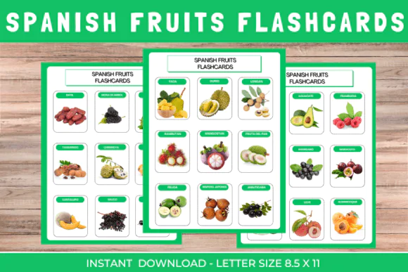 Beginner Spanish Fruits Flashcards | Printable Bilingual Spanish and English Fruit Vocabulary Cards for Kids, Classroom, Homeschool, ESL & Language Learning