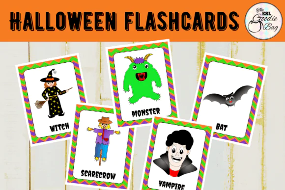Halloween Vocabulary Flashcards Printable for Kids – ESL EFL ELL Holiday Learning Cards, Preschool and Kindergarten Vocabulary Activity Set, Homeschool Halloween Classroom Resource