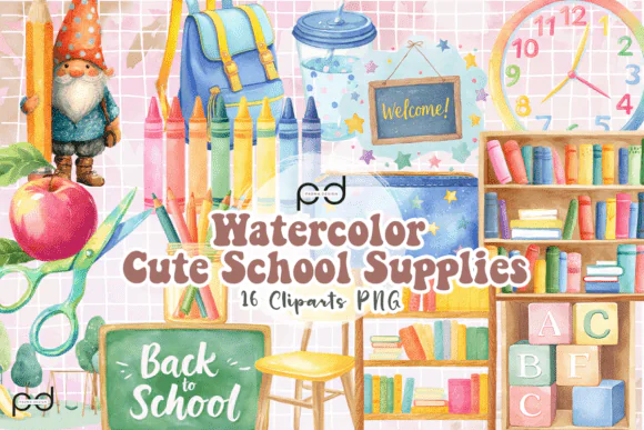 Watercolor Cute School Supplies Graphics Bundle – Adorable Back to School PNG Clipart Set with Transparent Backgrounds for Cards, Scrapbooking, T-Shirts, Pillows, Bags, Mugs, Stickers, and Classroom-T