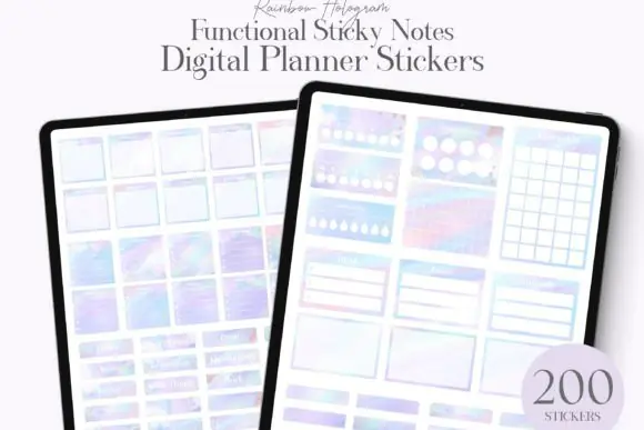 Sticky Notes Digital Stickers GoodNotes Bundle – 200 Rainbow Hologram Functional PNG and .Collection Sticker Elements for GoodNotes Planners, Habit Trackers, To Do Lists, Expense Tracking, Routines, a