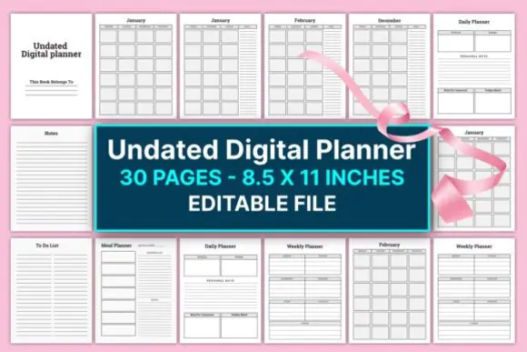 Editable Undated Digital Planner for KDP Interiors | 30-Page Print-Ready PDF Planner Template with Daily, Weekly, Monthly, Meal Planner, Notes & To-Do List Pages