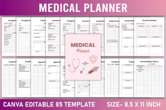 Editable Medical Planner Canva Template | 85-Page Health Tracker, Medication Log, Appointment Organizer, Medical Records & KDP Interior Bundle