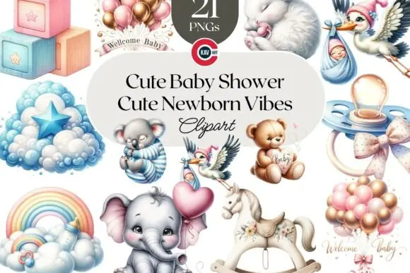 Cute Baby Shower PNG Graphics Bundle – Adorable Baby Clipart Set with White Stork, Sleeping Baby, Floral Elements, Pacifiers, Cute Animals, and Transparent PNG Files for Invitations, Nursery Decor, Su