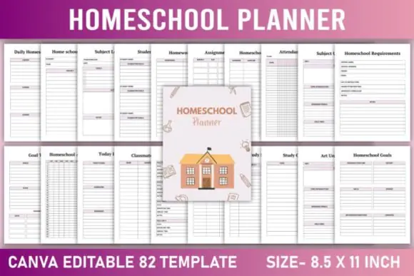 Editable Homeschool Planner Canva Template, Printable Homeschool Organizer, Lesson Plan and Attendance Tracker, Curriculum Planner, Study Planner, KDP Ready