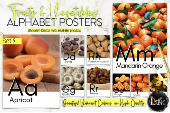 Montessori Fruits and Vegetables Alphabet Printable for Kids – Real Food Alphabet Posters with Real Pictures, Preschool Classroom Decor, Homeschool ABC Learning Wall Art Set