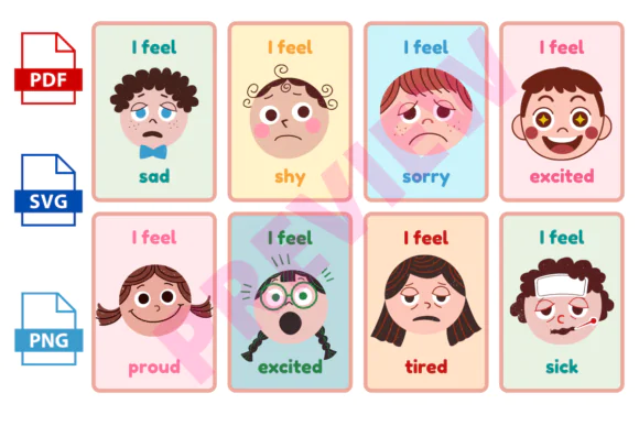 Feelings Flash Cards | Printable Emotions and Mood Learning Cards for Kids, Preschool, Homeschool, Classroom SEL Activities, Communication Support & Emotional Development